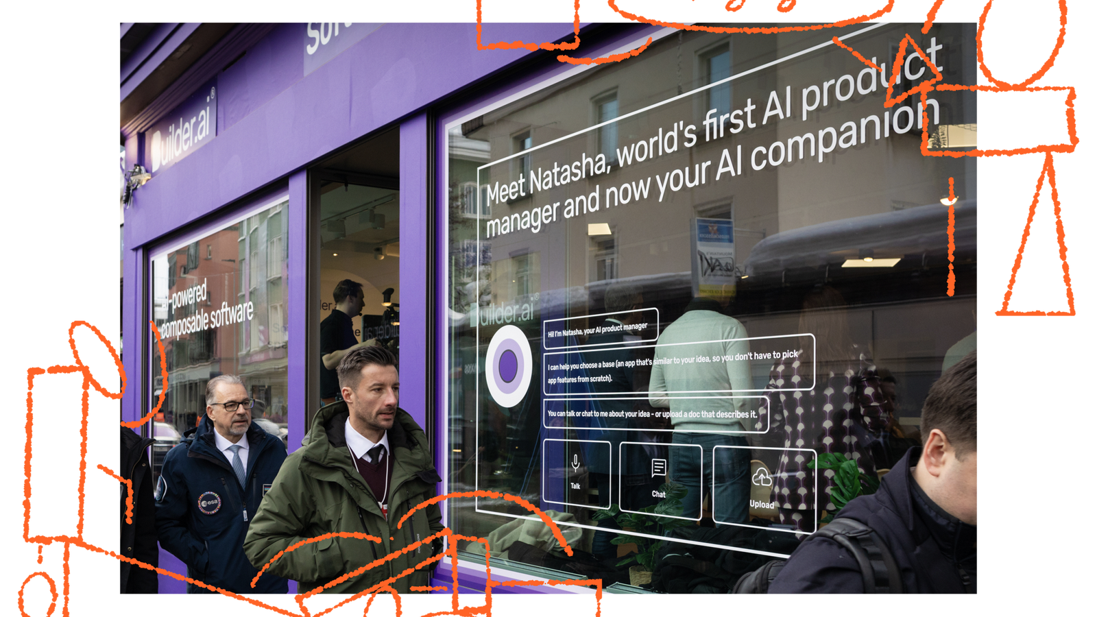 A group of people stand outside a purple storefront displaying an interactive sign promoting an AI product manager named Natasha, with text highlighting its features. Two men in formal attire are in the foreground, while a reflection shows other individuals inside the store.