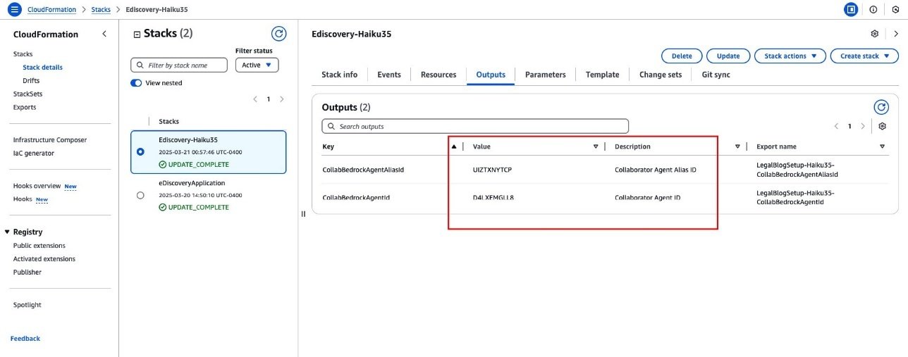 AWS CloudFormation stack outputs showing Bedrock agent configuration details