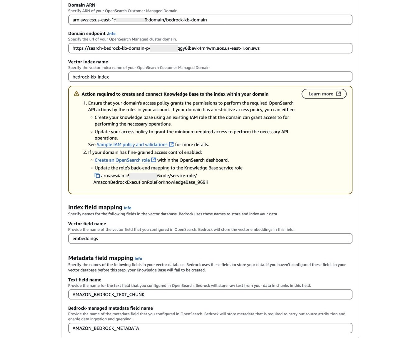 Bedrock Knowledge Base Configuration with OpenSearch Details
