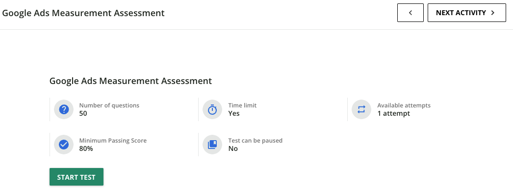 A snapshot of the Google Ads Measurement assessment.