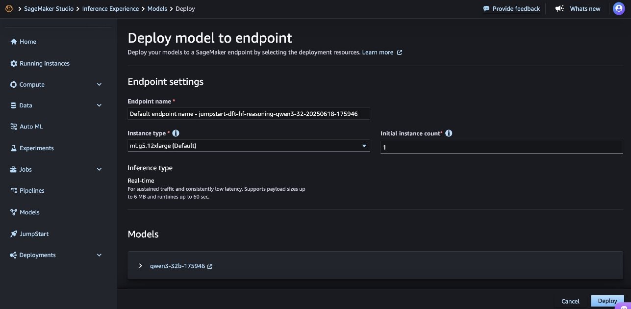 A deployment configuration screen in SageMaker Studio showing endpoint settings, instance type selection, and real-time inference options. The interface includes fields for endpoint name, instance type (ml.g5.12xlarge), and initial instance count.