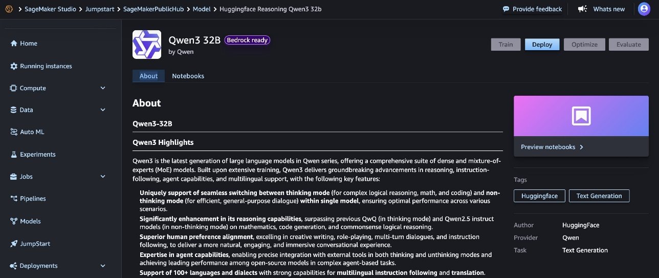Screenshot of the SageMaker Studio interface displaying details about the Qwen3 32B language model, including its main features, capabilities, and deployment options. The interface shows tabs for About and Notebooks, with action buttons for Train, Deploy, Optimize, and Evaluate.