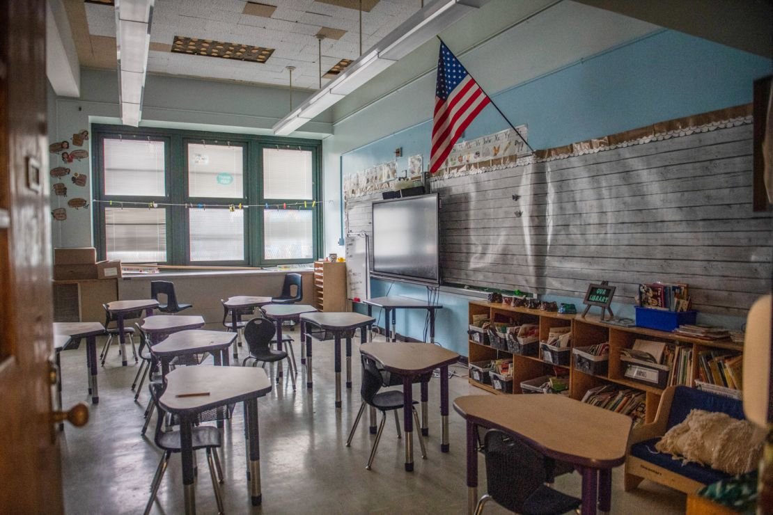 An empty elementary school classroom is seen on Tuesday, Aug. 17, 2021 in the Bronx borough of New York.