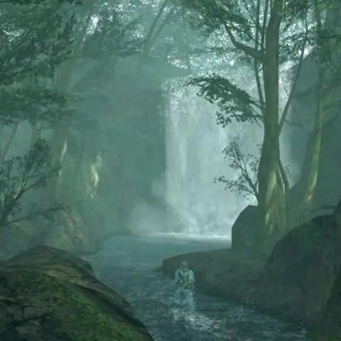 Konami A jungle scene from a video game. It is instantly recognisable as an older video game, with blocky rocks and pixel-y trees.