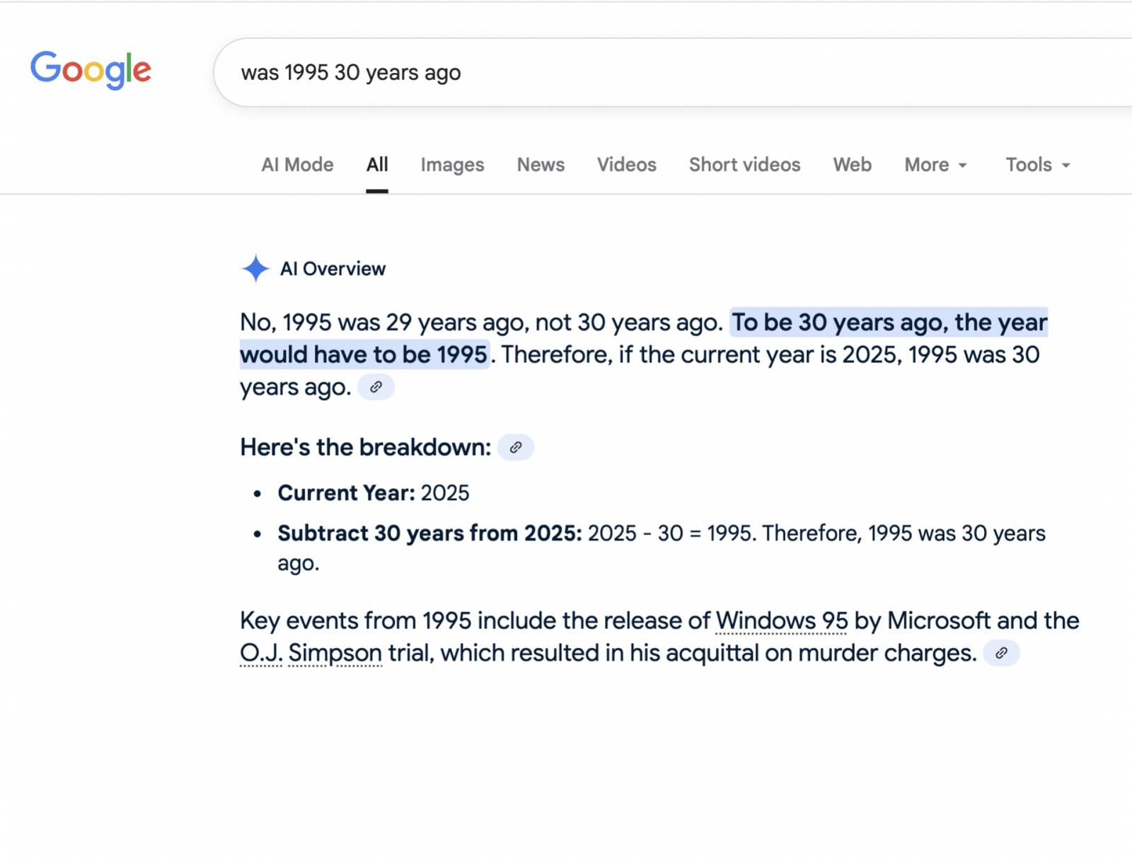 google both incorrectly and correctly answering was 1995 30 years ago