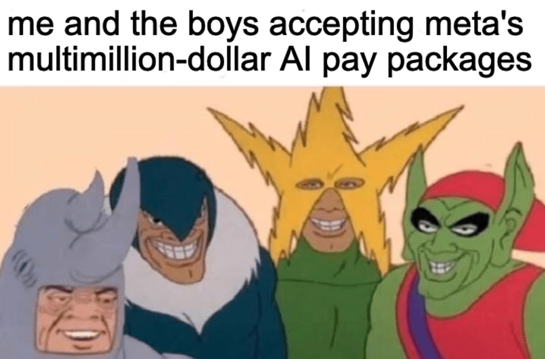 A still from the 1967 animated TV series "Spider-Man" showing characters Rhino, Vulture, Electro, and Green Goblin smiling with the caption "me and the boys accepting meta's multimillion-dollar AI pay packages"