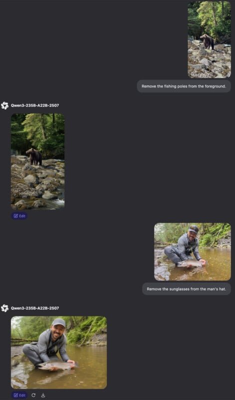 A bear stands in a forest clearing, a man kneels by a rocky stream holding a fish, and another man poses by the water’s edge with a fish, all surrounded by lush greenery.