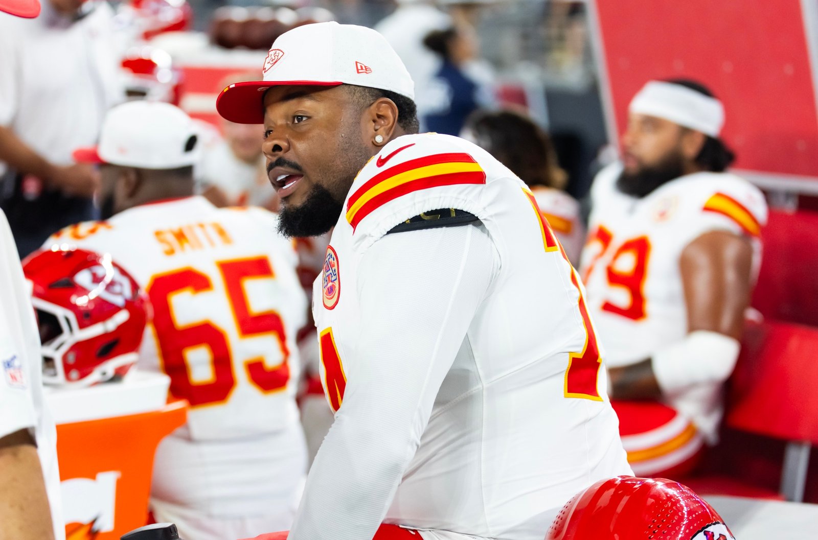 Aug 9, 2025; Glendale, Arizona, USA; Kansas City Chiefs offensive tackle Jawaan Taylor (74) against the Arizona Cardinals during a preseason NFL game at State Farm Stadium. Mandatory Credit: Mark J. Rebilas-Imagn Images